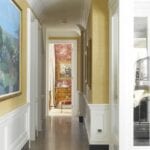 Papel pintado textura tela sobre zócalo blanco madera en pasillo